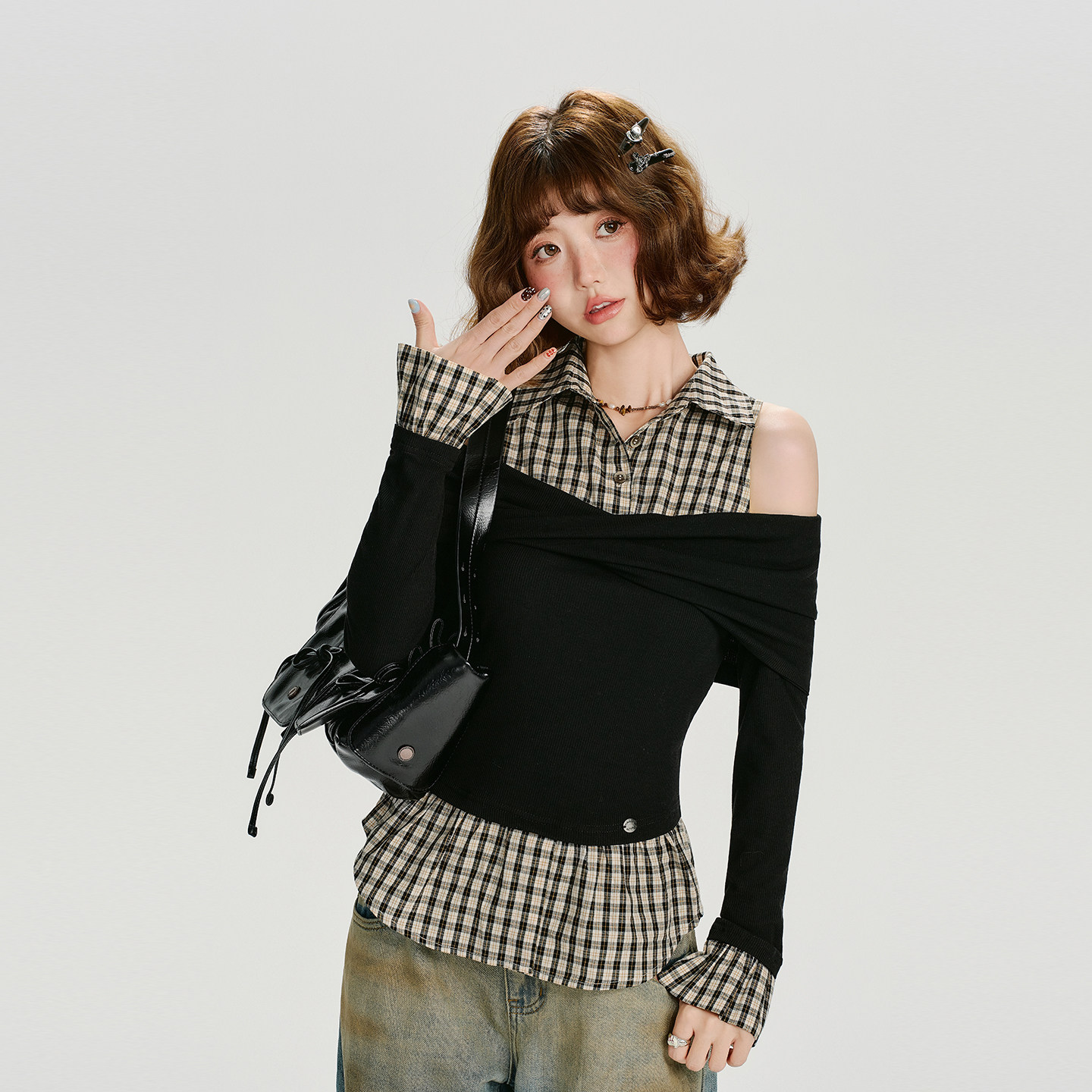 Girlyhalo美式复古格纹拼接露肩设计感长袖t恤女秋季新款修身上衣,女装/女士精品,毛针织衫,淘宝优惠券,粉丝福利购,淘宝优惠卷