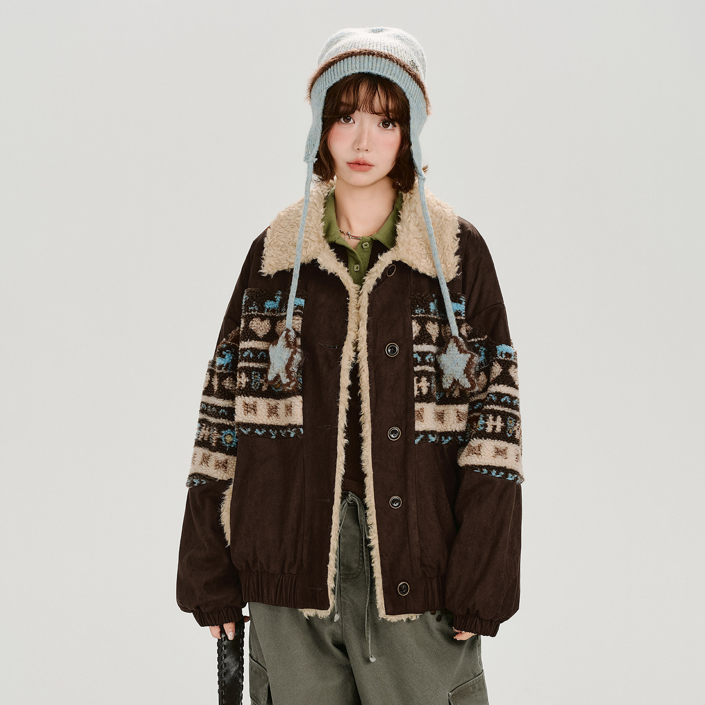 Girlyhalo美式复古撞色翻领外套女冬新款设计感加绒保暖宽松上衣