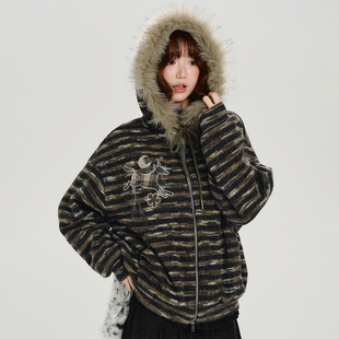 Girlyhalo美式 宽松休闲上衣 复古刺绣毛领连帽条纹外套女秋冬新款