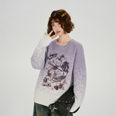 宽松针织上衣 新款 Girlyhalo美式 复古印花渐变圆领套头毛衣女冬季