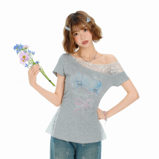 设计感修身 Girlyhalo美式 新款 t恤女夏季 上衣 复古蕾丝拼接斜肩短袖