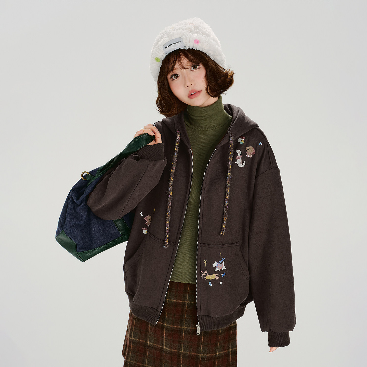 Girlyhalo美式复古刺绣连帽卫衣外套女冬季新款加绒保暖宽松上衣,女装/女士精品,短外套,淘宝优惠券,粉丝福利购,淘宝优惠卷