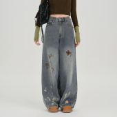 直筒宽松长裤 女春新款 复古刺绣水洗做旧阔腿牛仔裤 Girlyhalo美式