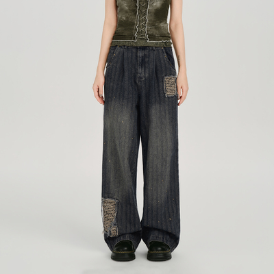 Girlyhalo美式复古烫钻贴布做旧阔腿牛仔裤女新款竖条纹宽松长裤