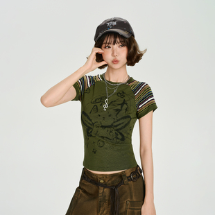 复古辣妹印花条纹短袖 修身 t恤女夏季 短款 上衣 新款 Girlyhalo美式