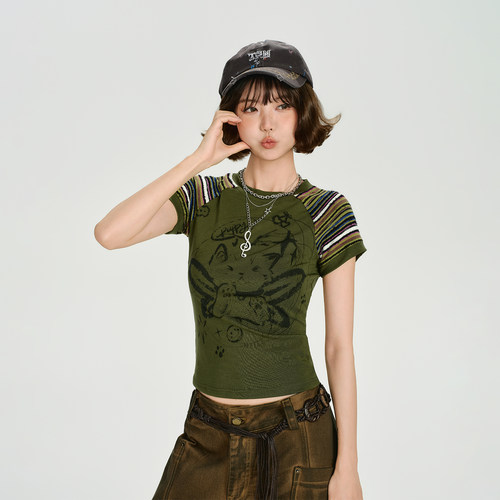 Girlyhalo美式复古辣妹印花条纹短袖t恤女夏季新款短款修身上衣