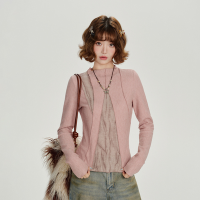 Girlyhalo美式复古辣妹分割拼接设计感长袖t恤女秋季新款修身上衣