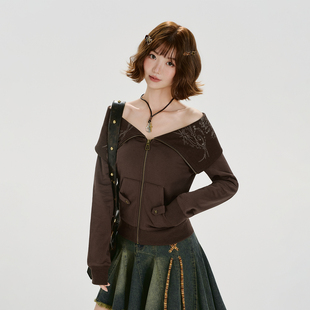 Girlyhalo美式复古辣妹印花翻领卫衣外套女秋季新款设计感上衣