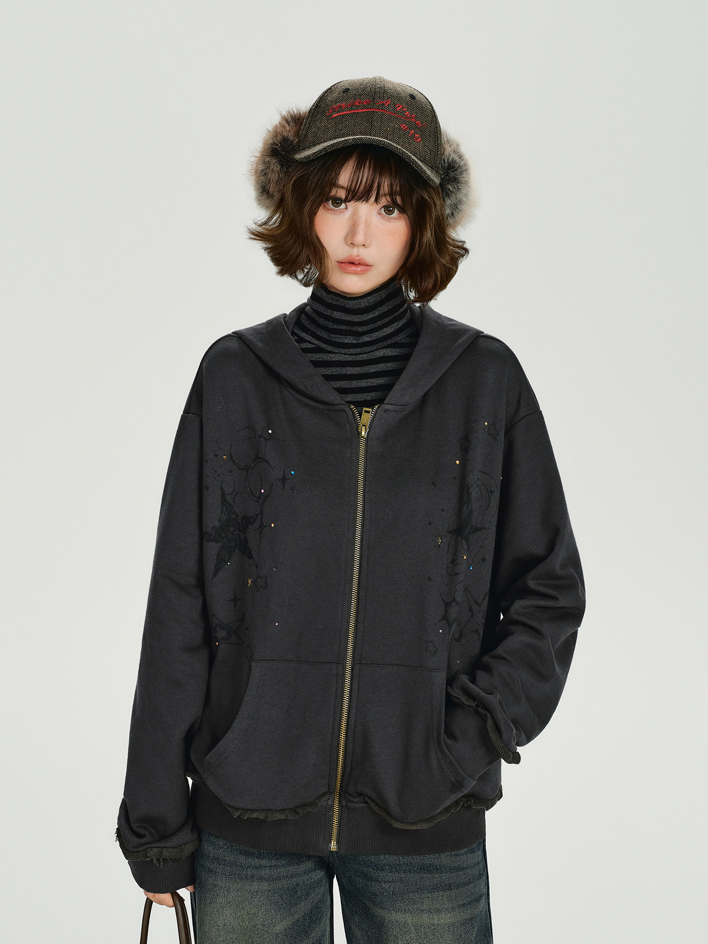 Girlyhalo American Retro Printed Rhinestone Hooded Sweatshirt Jacket for Women Autum New Style Loose Top with Frayed Edges