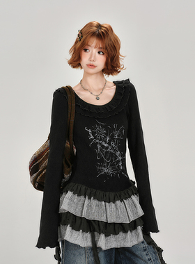 Girlyhalo美式复古辣妹长袖t恤女春秋新款荷叶边裙摆拼接修身上衣