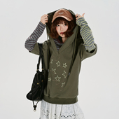 新款 Girlyhalo美式 复古条纹假两件连帽卫衣女秋季 设计感宽松上衣