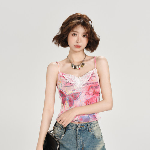Girlyhalo美式复古蝴蝶辣妹吊带背心女夏季新款网纱修身显瘦上衣
