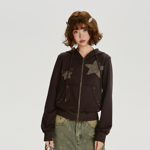 Girlyhalo美式复古贴布绣连帽卫衣外套女秋季新款设计感短款上衣