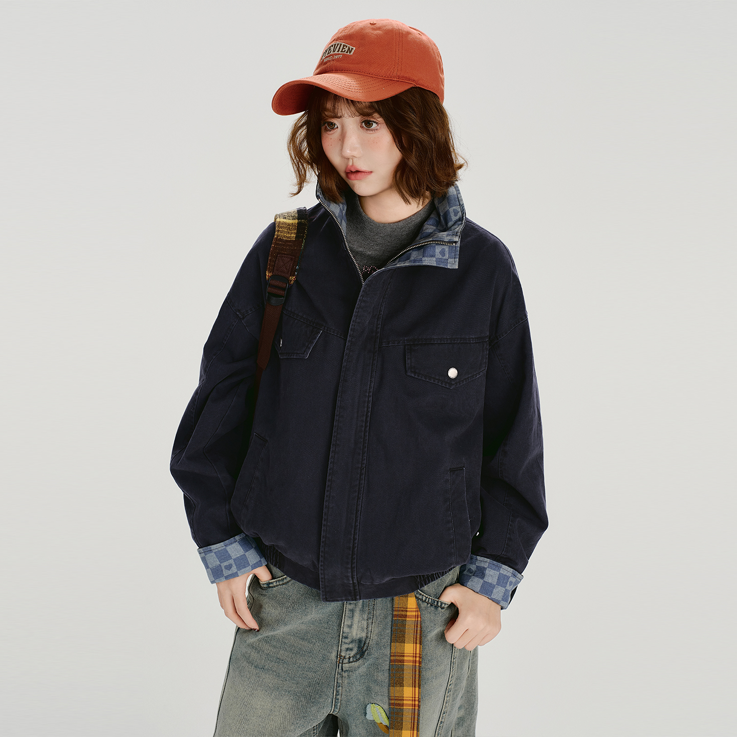 Girlyhalo美式复古水洗做旧翻领夹克外套女秋冬新款撞色宽松上衣