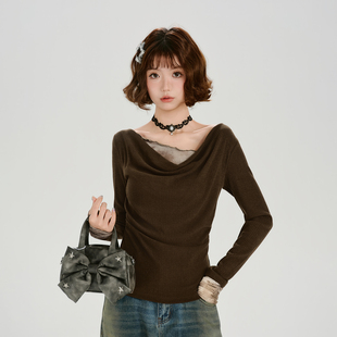 Girlyhalo美式复古假两件晕染荡领长袖t恤女春秋新款修身显瘦上衣