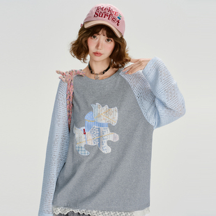 新款 t恤女秋季 拼花边宽松上衣 复古贴布绣插肩长袖 Girlyhalo美式