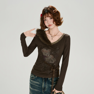 修身 Girlyhalo美式 新款 t恤女春季 上衣 复古撞色不对称毛领印花长袖