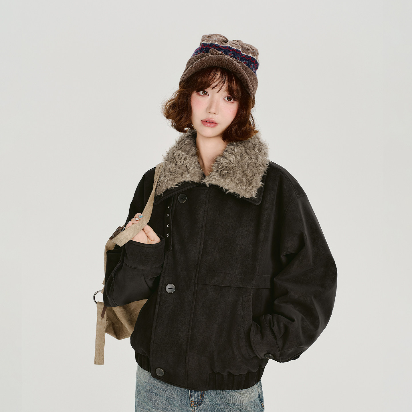 Girlyhalo美式复古设计感翻领加厚皮衣外套女冬新款保暖宽松上衣