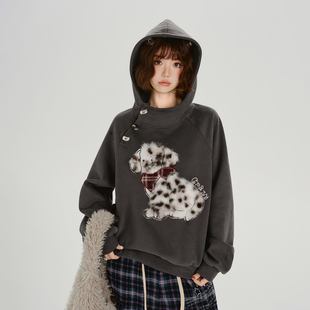 Girlyhalo美式复古毛绒贴布绣连帽加绒卫衣女冬季新款宽松上衣