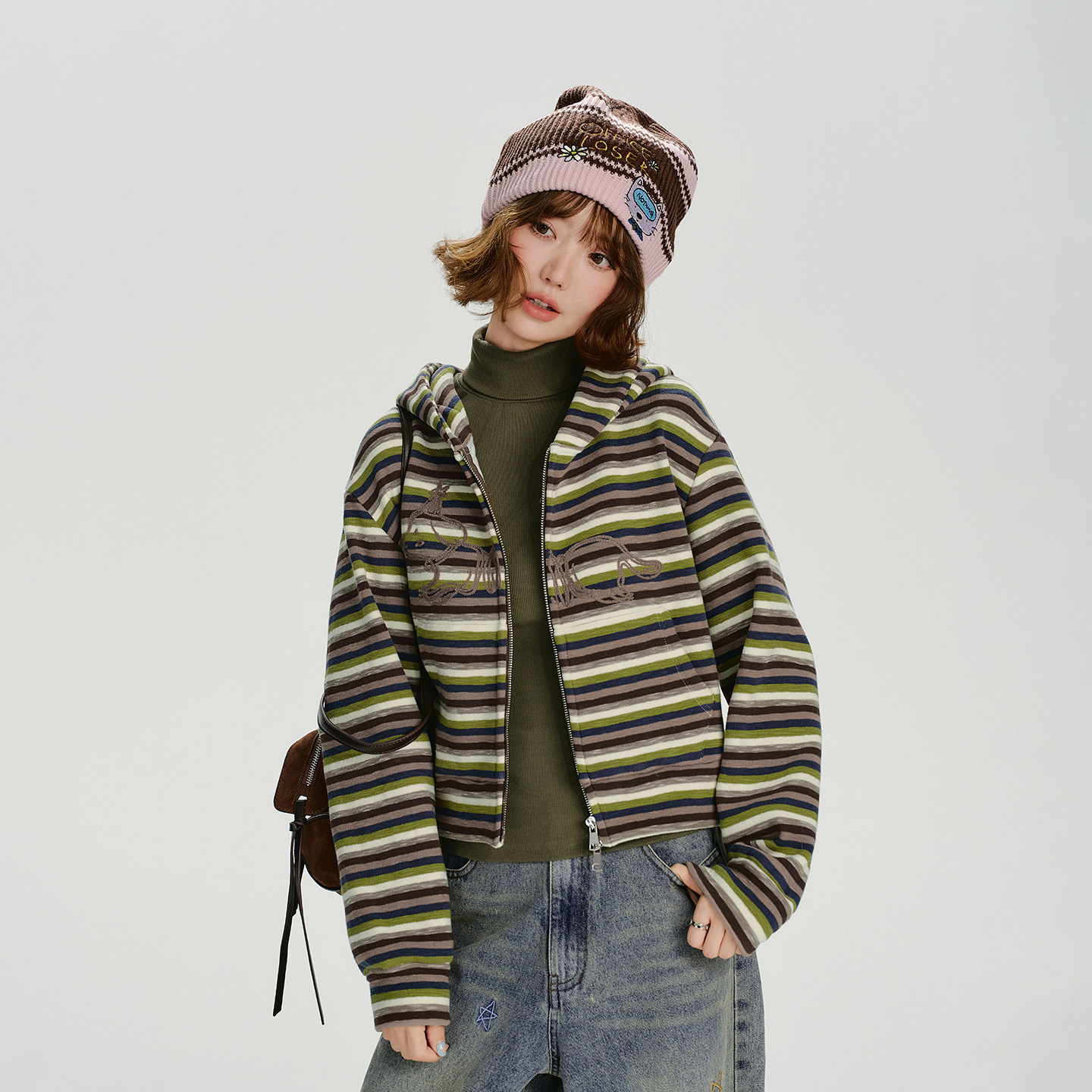 Girlyhalo美式复古刺绣条纹加绒连帽卫衣外套女秋冬新款短款上衣,女装/女士精品,短外套,淘宝优惠券,粉丝福利购,淘宝优惠卷