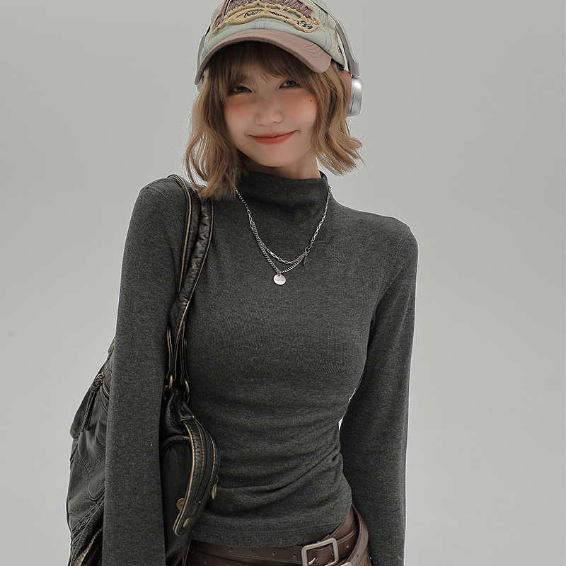 Girlyhalo美式休闲内搭灰色长袖t恤女秋季修身褶皱半高领打底上衣