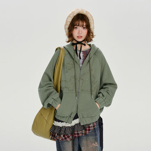 Girlyhalo美式复古贴布绣连帽卫衣外套女秋冬新款设计感宽松上衣