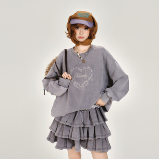 水洗做旧圆领卫衣蛋糕半身裙套装 新款 女 复古秋季 Girlyhalo美式