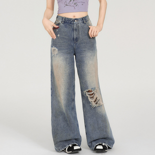 女手工缝线高腰宽松阔腿裤 Girlyhalo美式 复古水洗破洞直筒牛仔裤