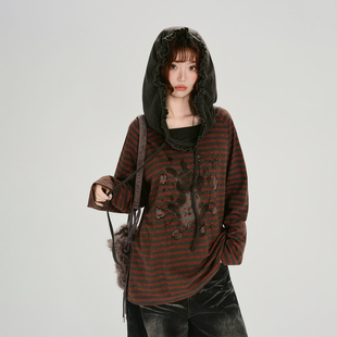 设计感宽松上衣 t恤女春新款 Girlyhalo美式 复古连帽条纹一字肩长袖