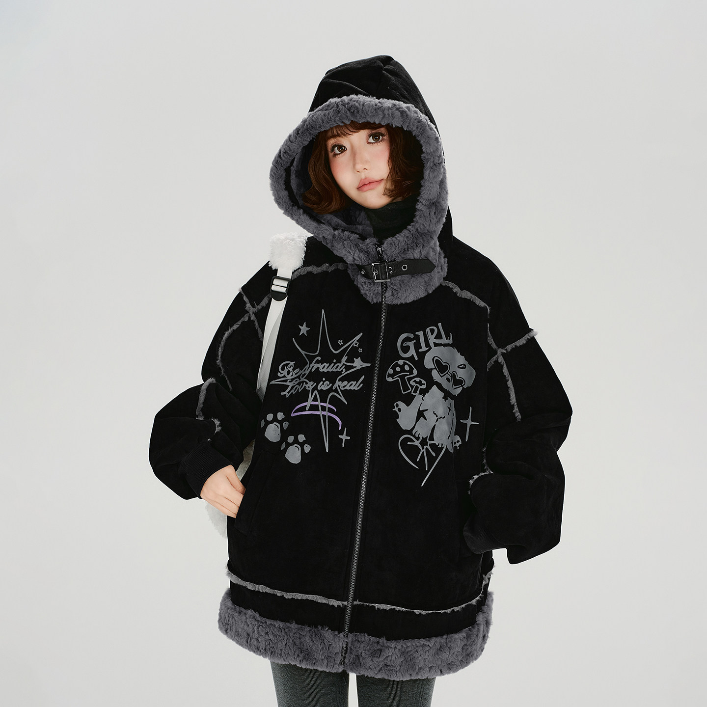 Girlyhalo美式复古印花毛绒麂皮绒外套女冬新款加厚保暖宽松上衣,女装/女士精品,短外套,淘宝优惠券,粉丝福利购,淘宝优惠卷