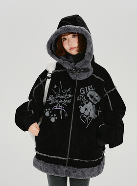 Girlyhalo美式复古印花毛绒麂皮绒外套女冬新款加厚保暖宽松上衣