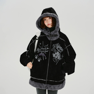 Girlyhalo美式复古印花毛绒麂皮绒外套女冬新款加厚保暖宽松上衣