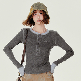 撞色设计感修身 Girlyhalo美式 新款 t恤女秋季 内搭上衣 复古圆领长袖