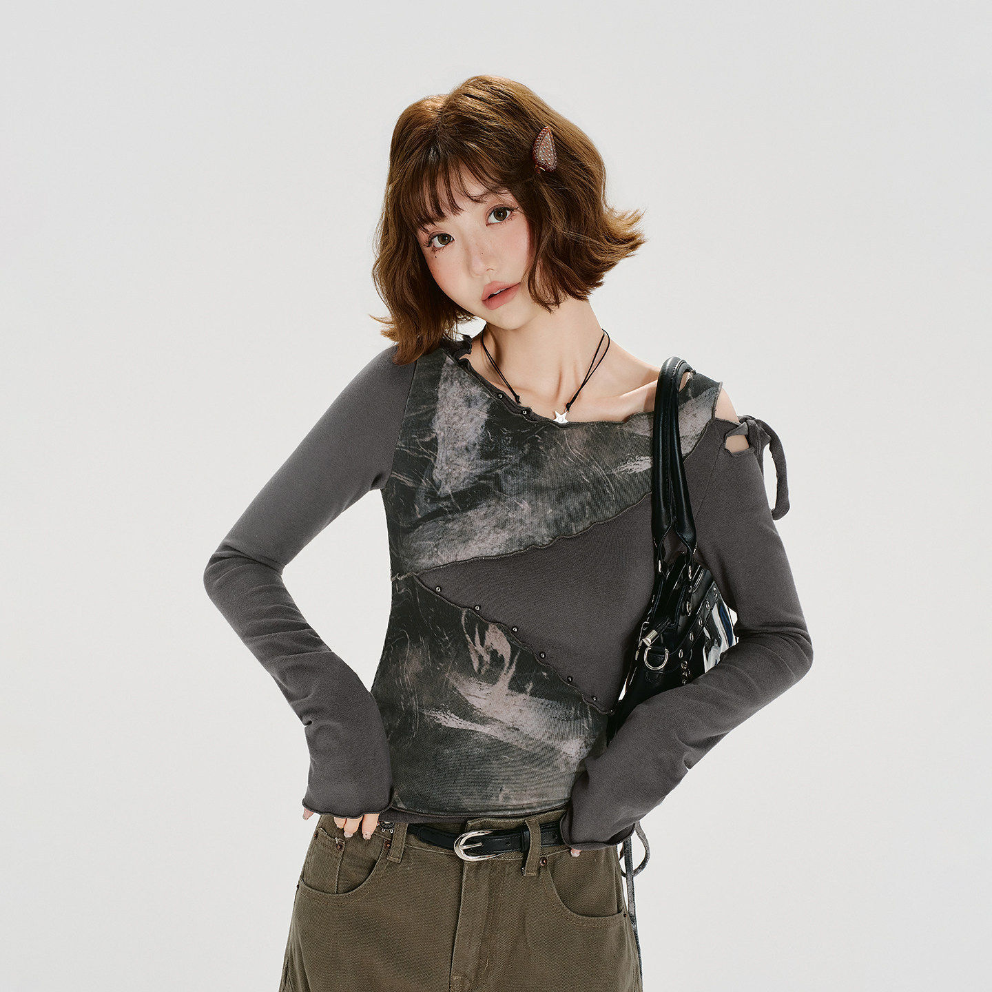Girlyhalo美式复古辣妹不规则拼接长袖t恤女秋季新款修身显瘦上衣