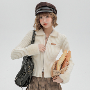 Girlyhalo翻领拉链针织衫短款外套女法式露脐高腰修身显瘦上衣