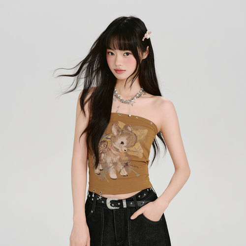 Girlyhalo美式复古辣妹印花抹胸背心女夏季新款下摆吊坠修身上衣