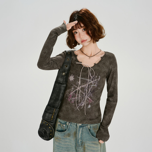 设计感修身 Girlyhalo美式 新款 t恤女春季 显瘦上衣 复古印花晕染长袖