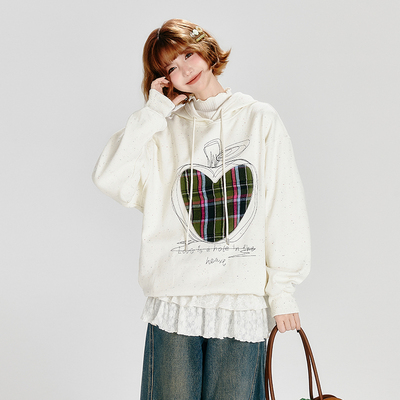 Girlyhalo美式复古彩点连帽卫衣女秋冬新款加绒爱心刺绣宽松上衣