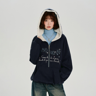 【清仓】Girlyhalo美式复古刺绣连帽卫衣外套女冬季新款宽松上衣