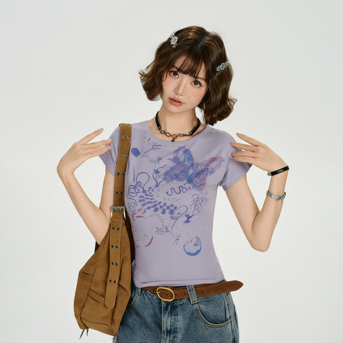 Girlyhalo美式复古印花圆领短袖t恤女夏季新款背面设计感修身上衣