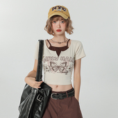 上衣 修身 Girlyhalo圆领正肩短袖 t恤女夏设计感小众显瘦假两件短款