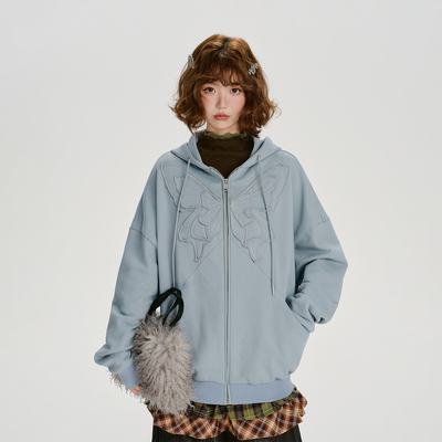 Girlyhalo美式复古贴布绣连帽卫衣外套女秋季新款设计感宽松上衣