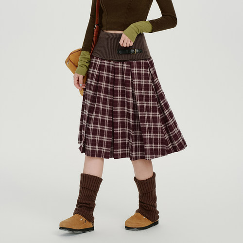 Girlyhalo美式复古针织拼接格纹半身裙女秋冬新款高腰百褶a字短裙