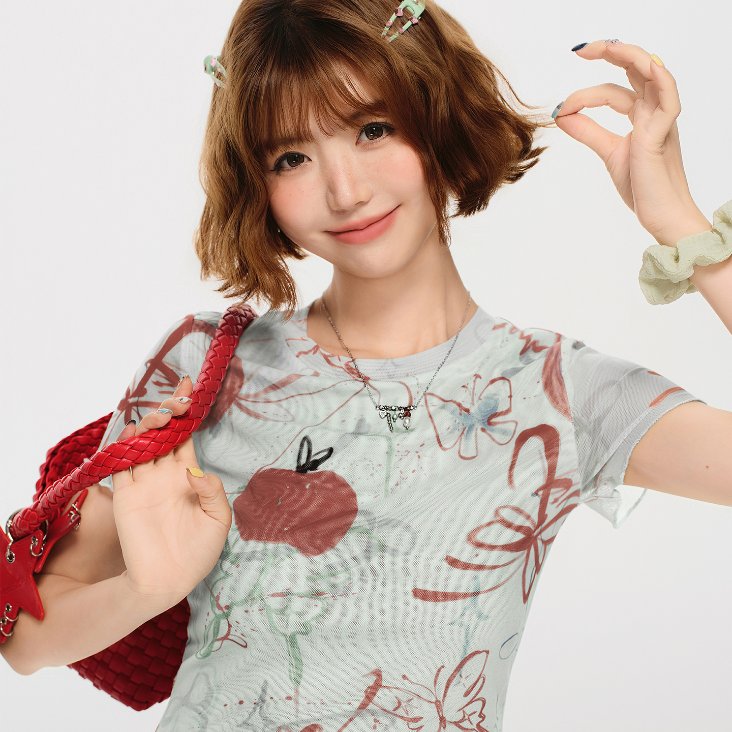 Girlyhalo美式复古涂鸦印花网纱短袖t恤女夏新款轻亚修身显瘦上衣