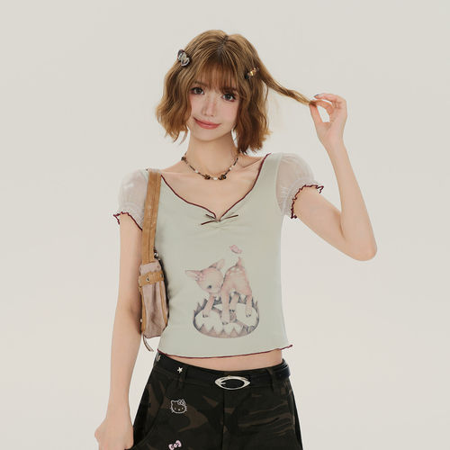 Girlyhalo美式复古辣妹拼接印花V领短袖t恤女夏新款短款修身上衣