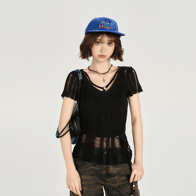 Girlyhalo美式复古镂空破洞短袖罩衫女夏季新款辣妹修身显瘦上衣