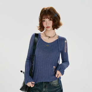 设计感修身 新款 上衣 复古辣妹破洞针织毛衣女秋季 Girlyhalo美式
