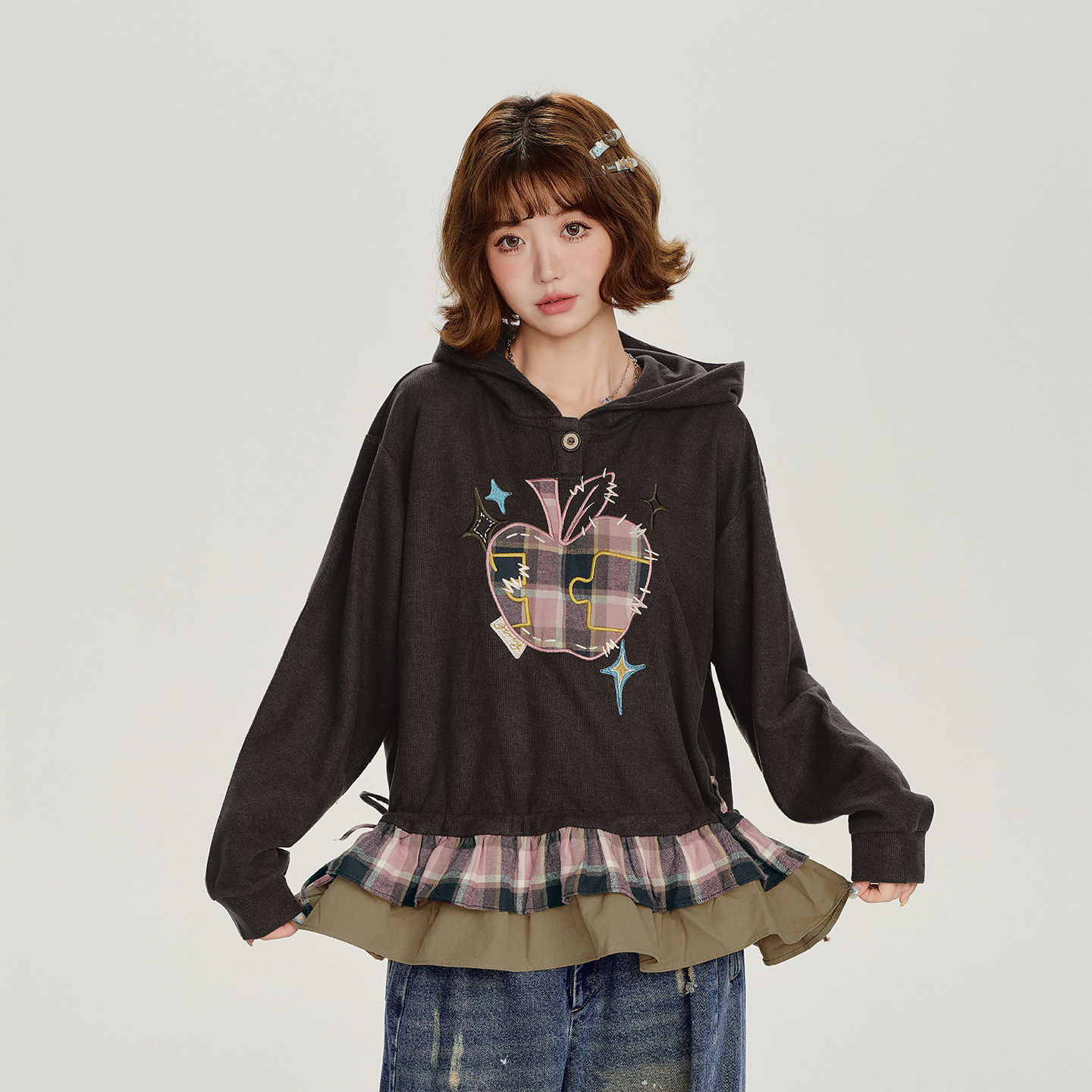 Girlyhalo美式复古贴布绣连帽卫衣女秋季新款格纹假两件宽松上衣