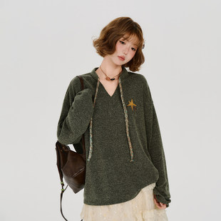Girlyhalo美式复古星星贴布针织长袖t恤女秋季新款宽松休闲上衣