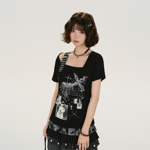 设计感修身 Girlyhalo美式 新款 t恤女夏季 上衣 复古辣妹印花斜肩短袖